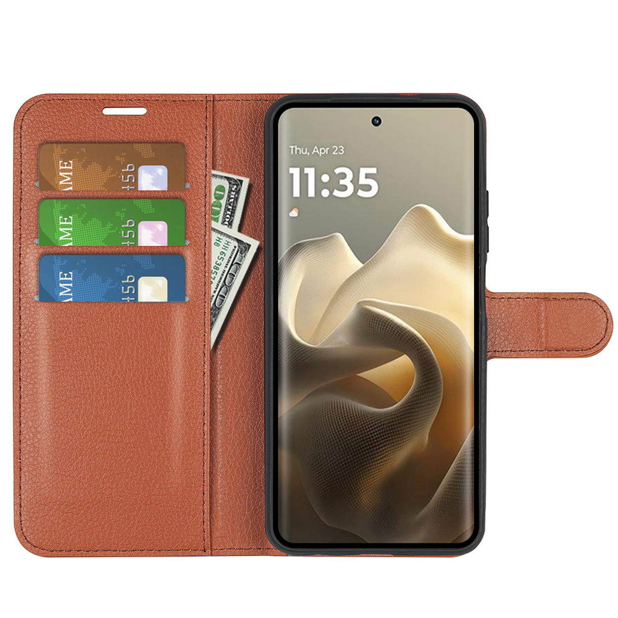 Étui de téléphone en cuir marron ouvert, montrant cartes et argent. Le téléphone affiche l'heure. L'étui est ouvert.