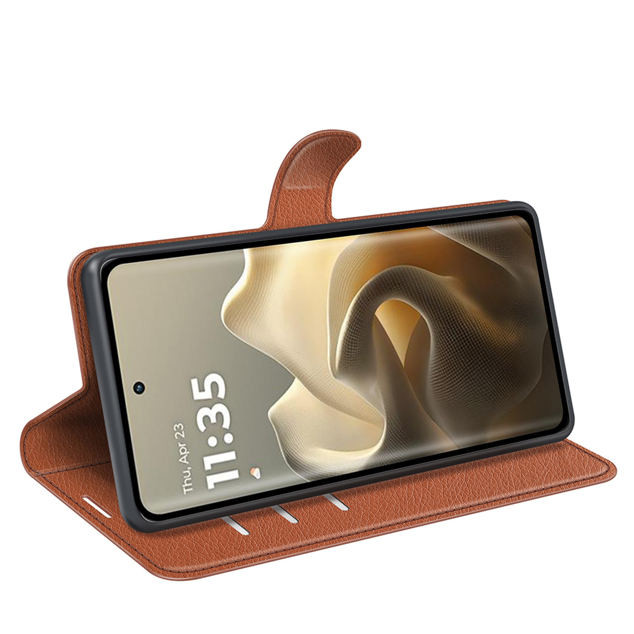 Étui de téléphone marron avec un téléphone affichant 11:35. L'étui est ouvert et le téléphone est incliné.