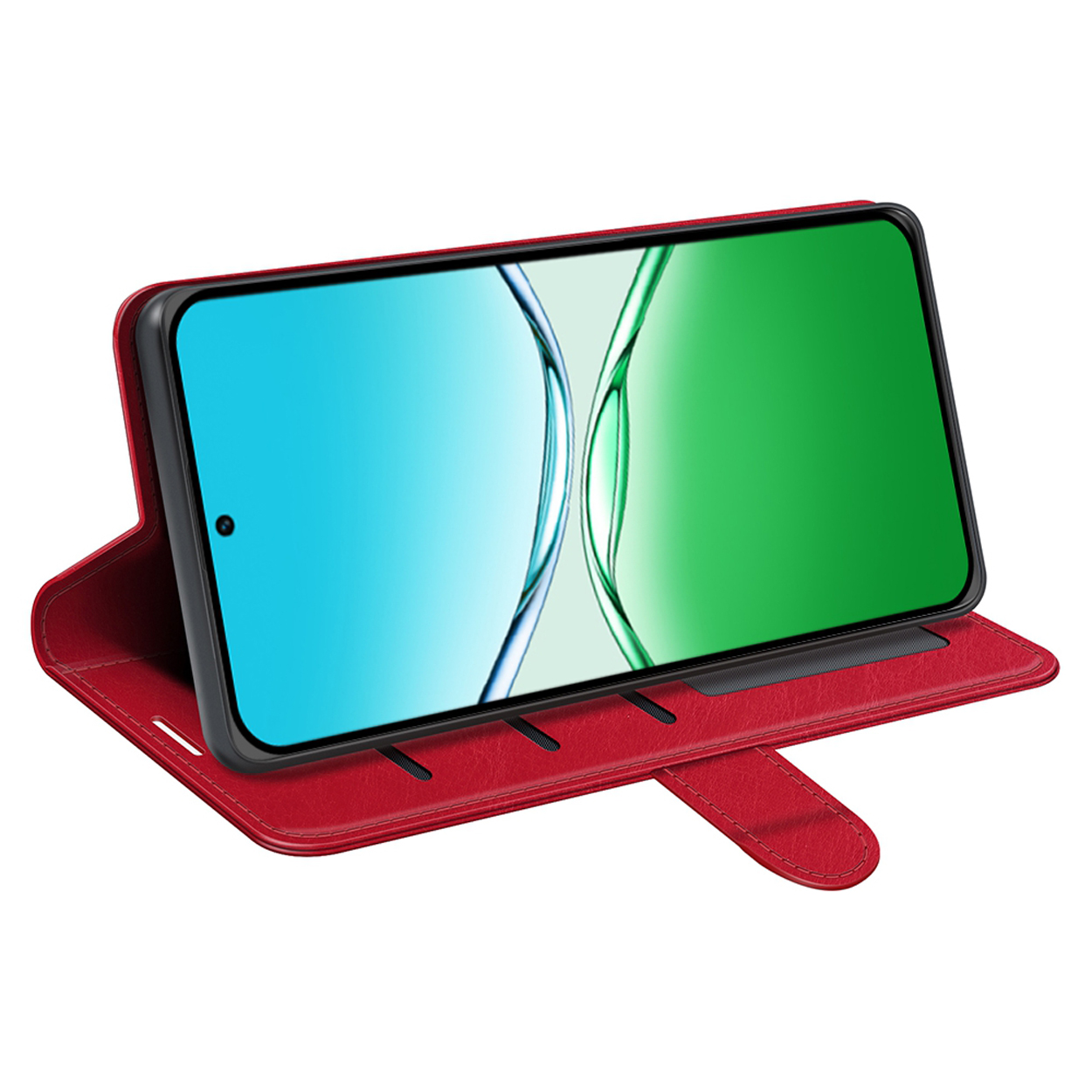 Rode telefoonhoes met een telefoon die een blauwe en groene gradiënt weergeeft. De hoes is open.