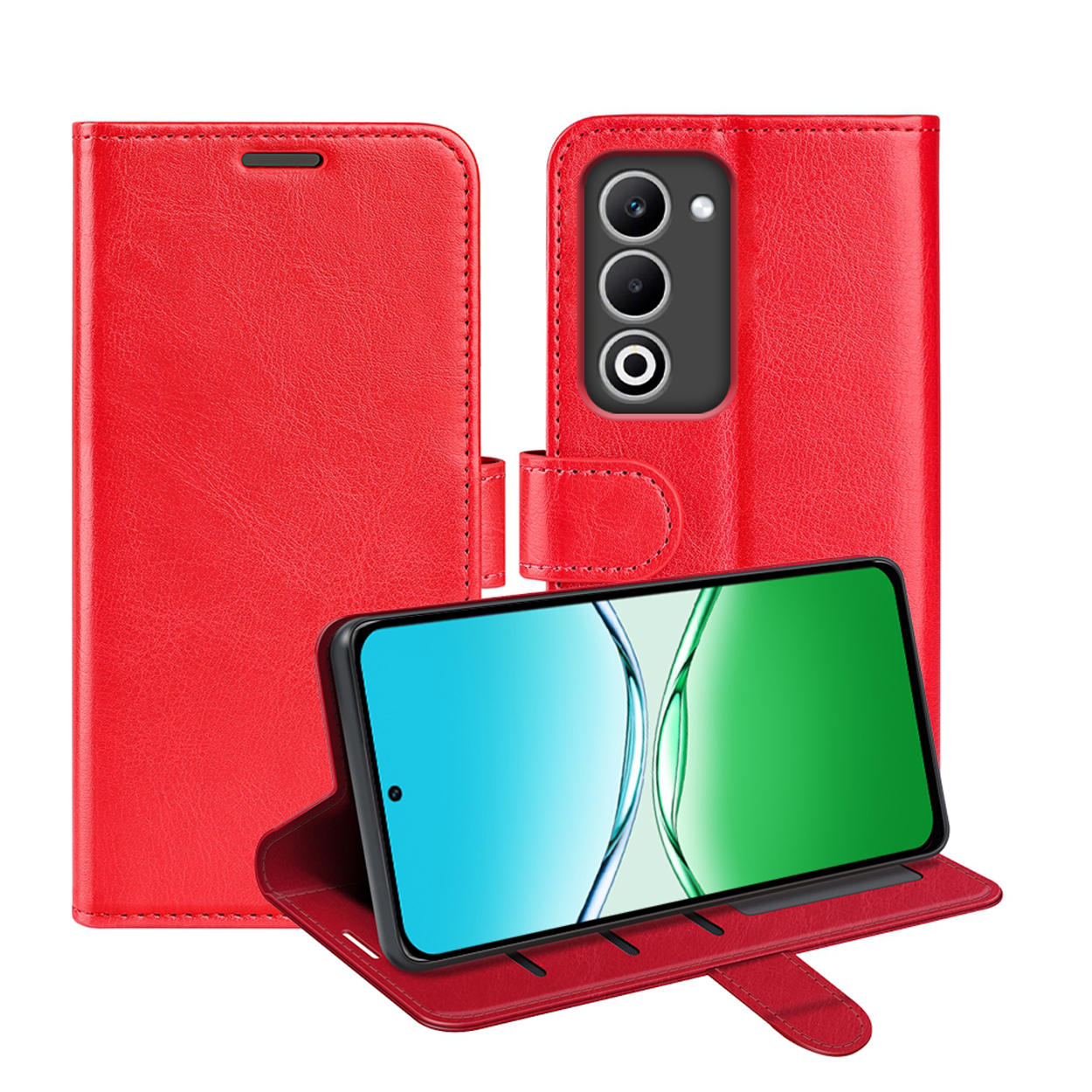 Rode telefoonhoes, open en dicht, met een telefoon erin. Het scherm toont een verloop.