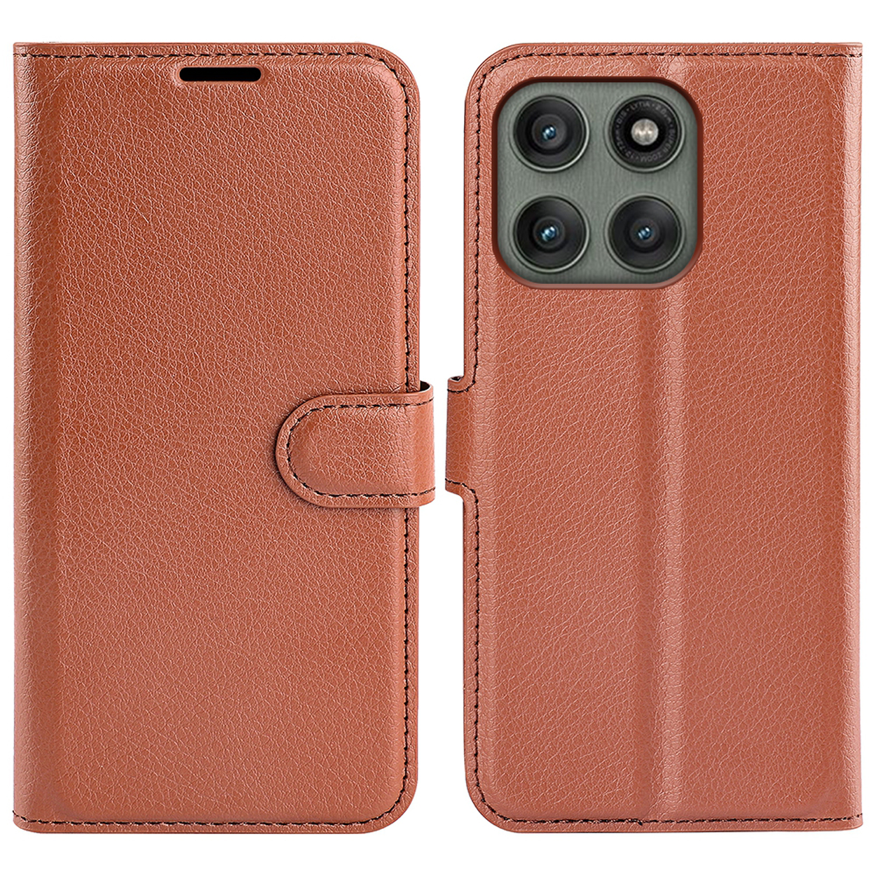 Étui de téléphone en cuir marron, ouvert et fermé, montrant l'appareil photo.