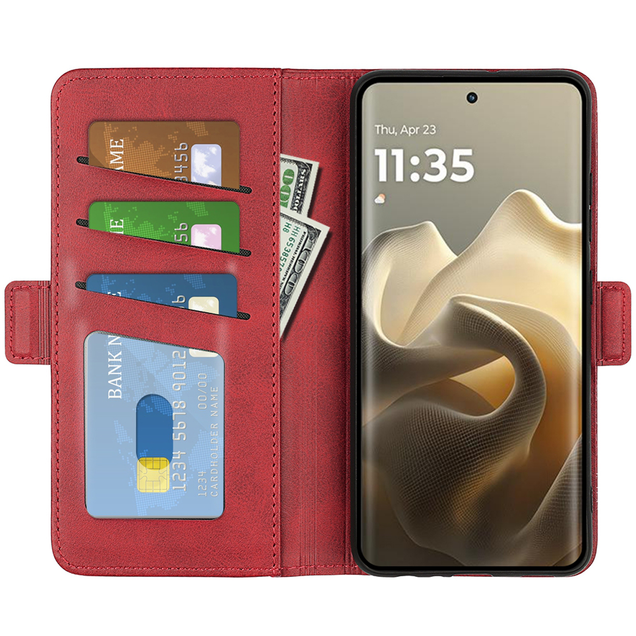 Rode telefoonhoes open, met kaarten, geld en een telefoon die de tijd weergeeft.