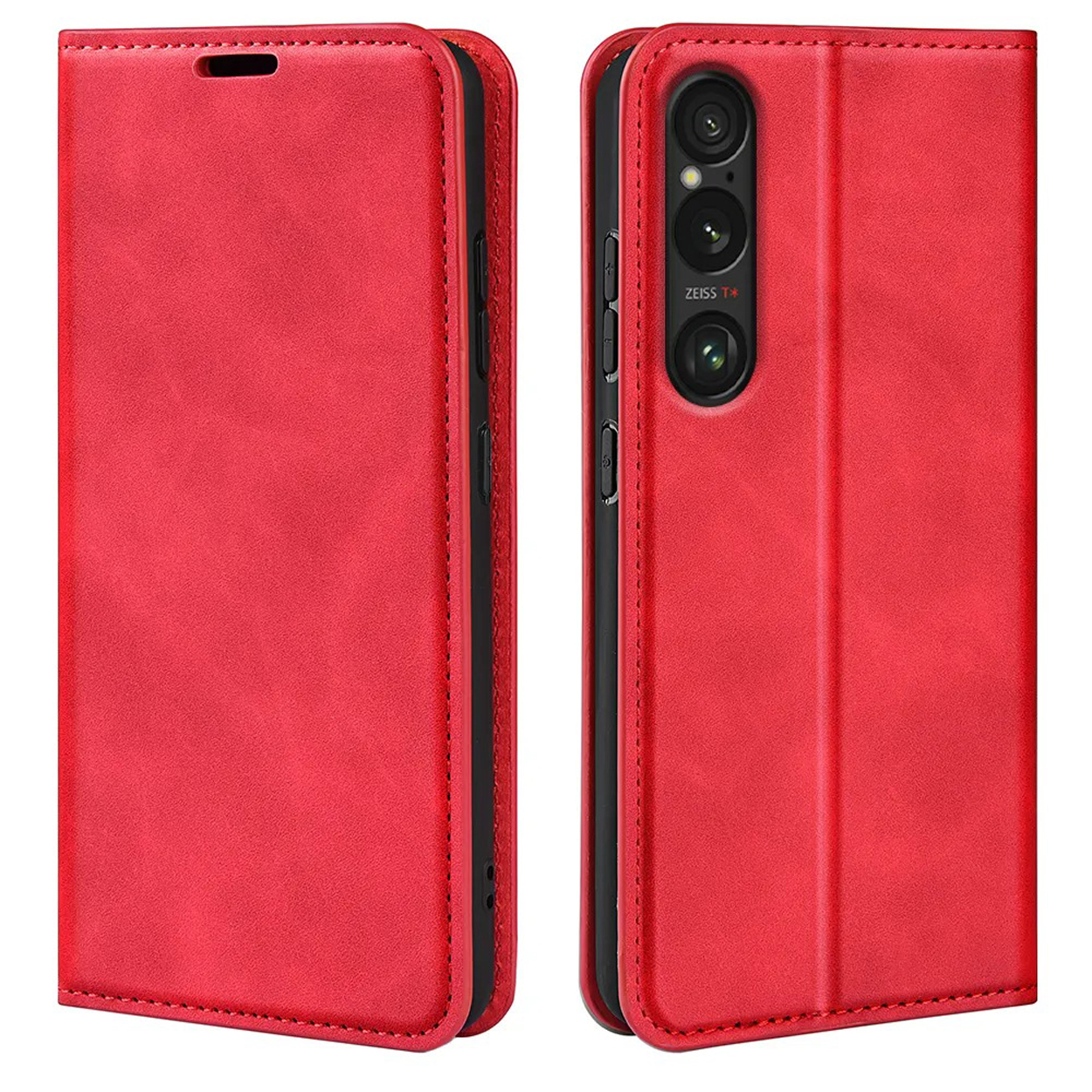 Rode leren telefoonhoes, open en dicht, toont telefoon.