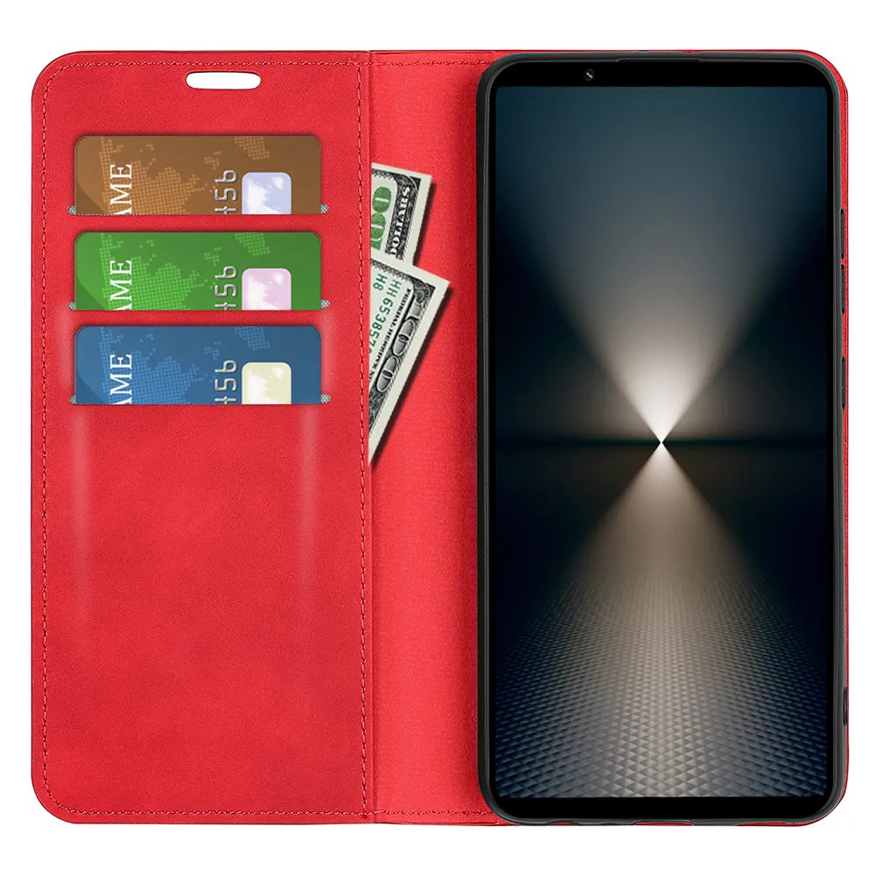 Rode telefoonhoes open, met kaarten, geld en telefoonscherm.