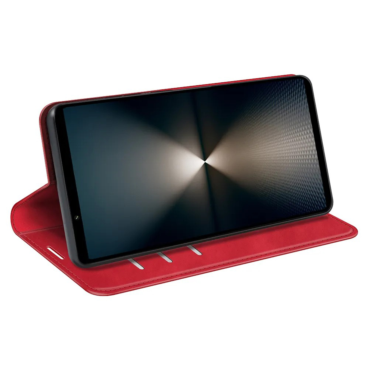 Rode telefoonhoes open. Een telefoon met een donkere, wazige afbeelding zit in de hoes.