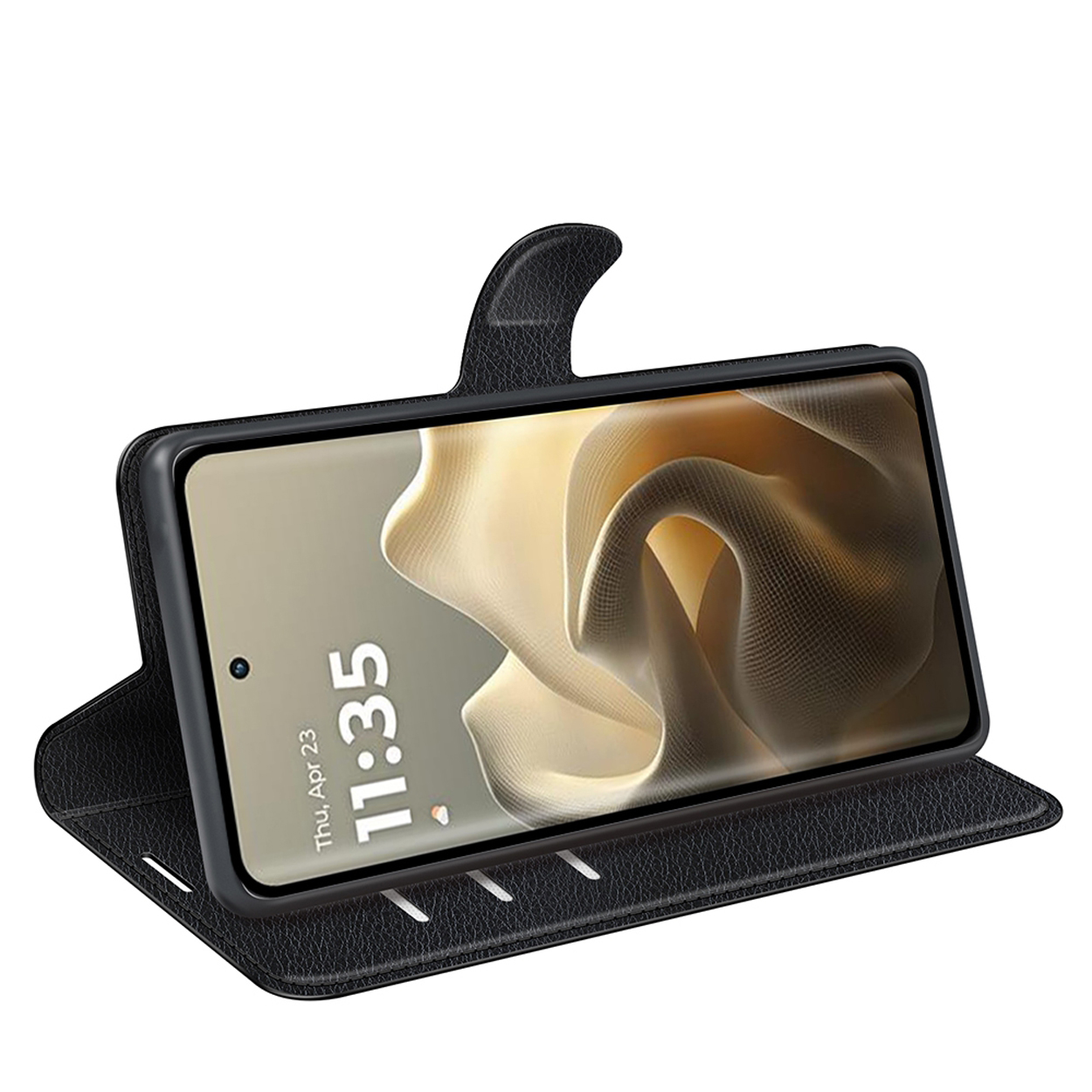 Zwarte telefoonhoes, open, toont de telefoon gekanteld met de tijd.