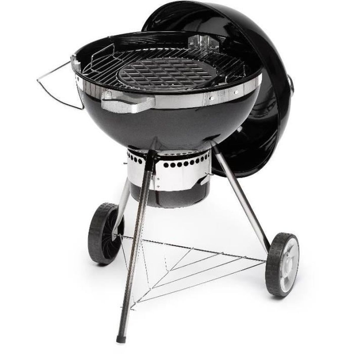 Black grill on wheels with lid open, showing grilling surface.