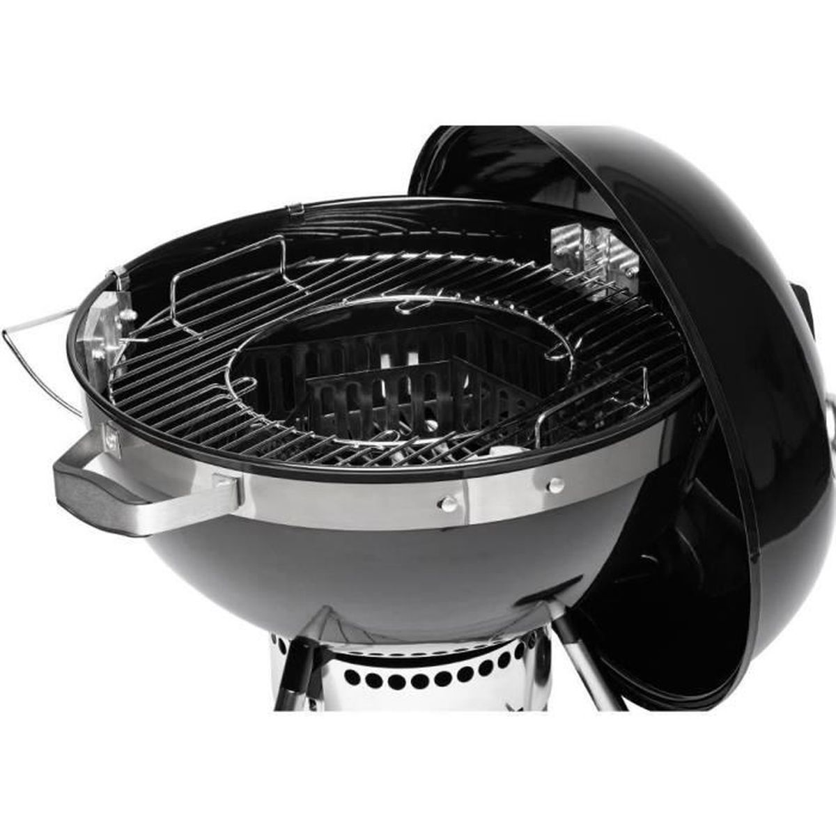 Black charcoal grill, open, showing the inside with a grate and a charcoal basket.