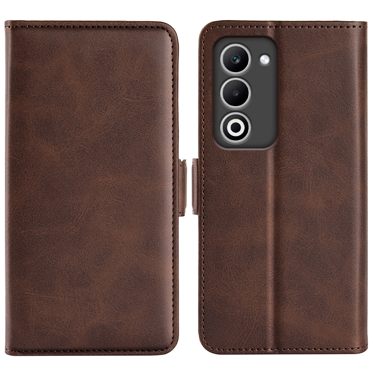 Étui de téléphone en cuir marron, ouvert, avec téléphone à droite. L'étui a des fentes pour cartes.
