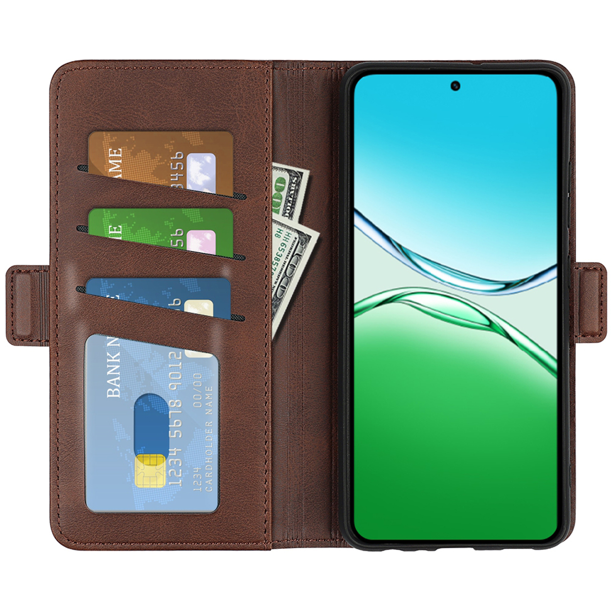 Étui de téléphone en cuir marron ouvert avec téléphone, cartes et argent. Écran de téléphone vert et blanc.