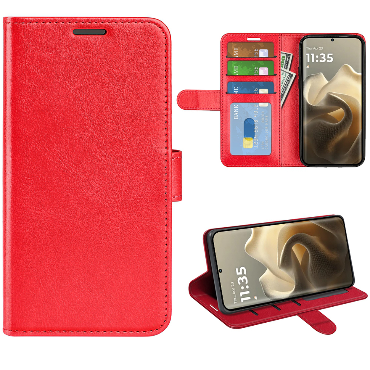 Étui de téléphone rouge ouvert avec téléphone, cartes et argent. Le téléphone affiche l'heure.
