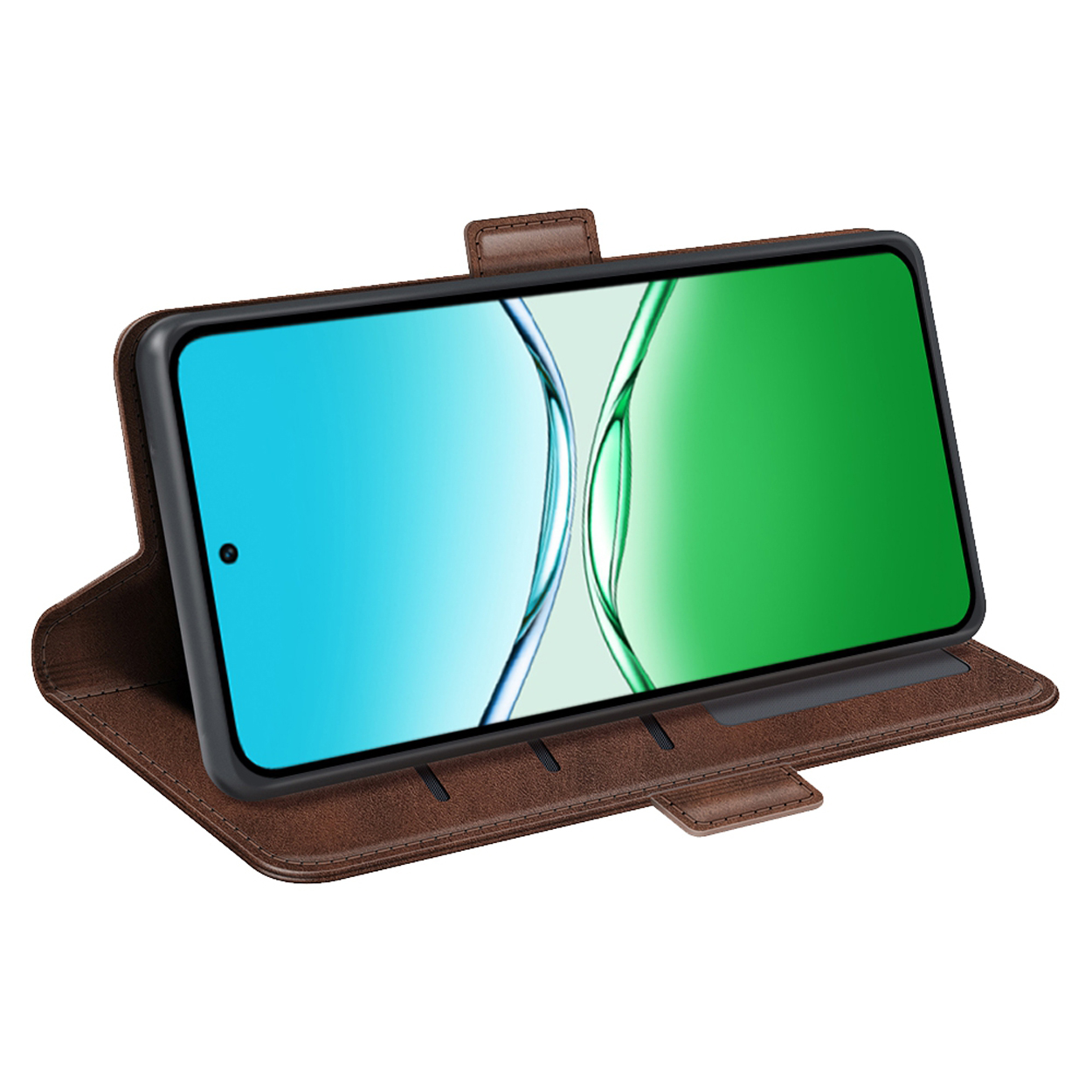 Étui de téléphone en cuir marron avec téléphone dedans, relevé. L'écran du téléphone est bleu et vert.