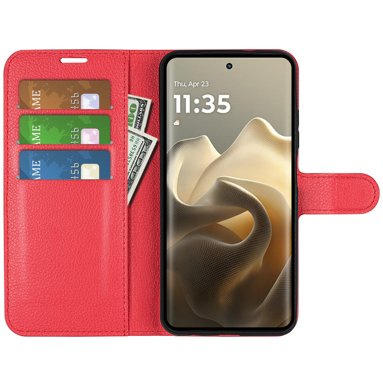 Étui de téléphone rouge ouvert avec téléphone, cartes et argent. Le téléphone affiche l'heure.
