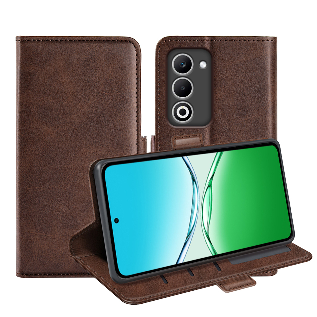 Étui de téléphone en cuir marron avec téléphone dedans, relevé. L'écran est bleu et vert.