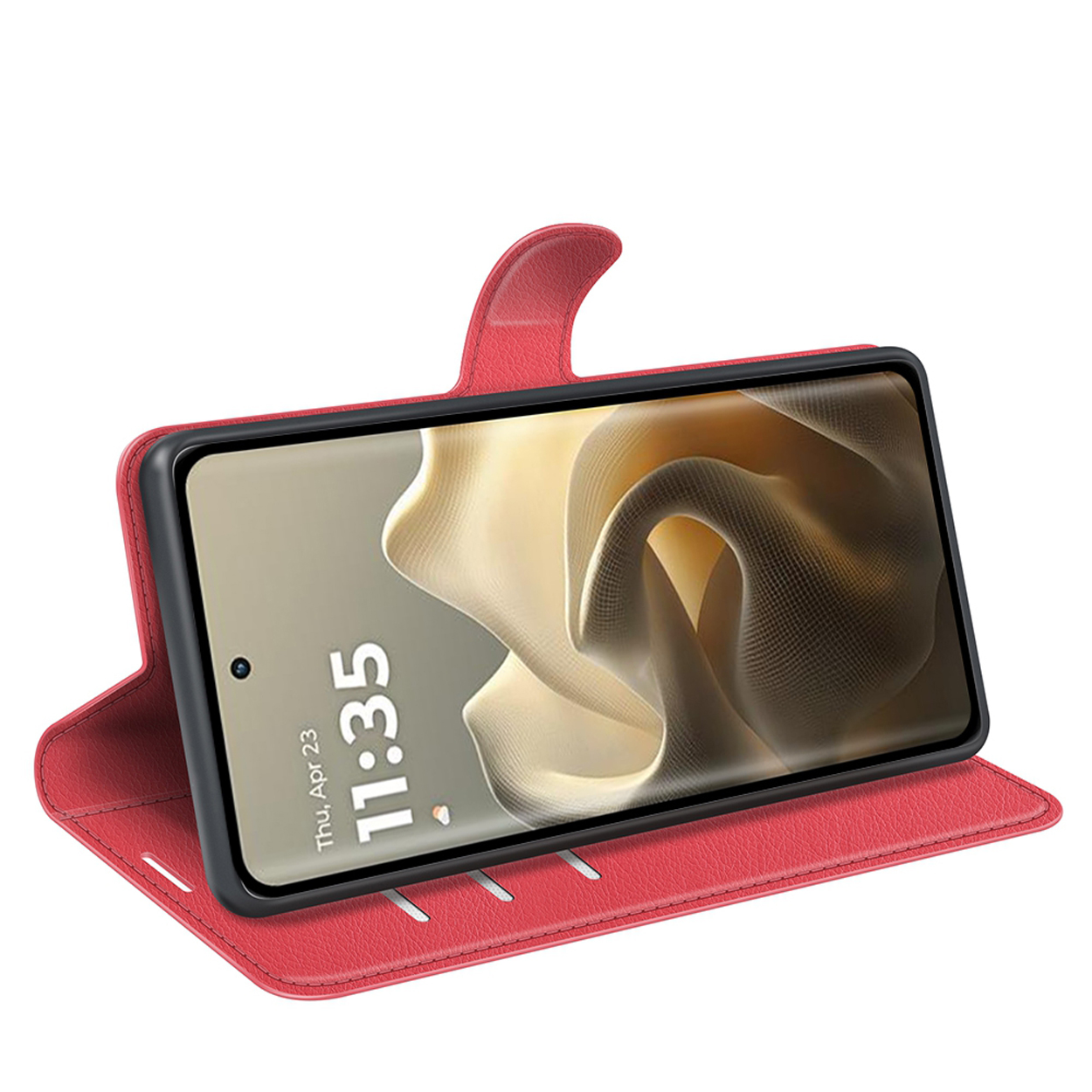 Étui rouge avec téléphone, affichant l'heure. Étui ouvert.