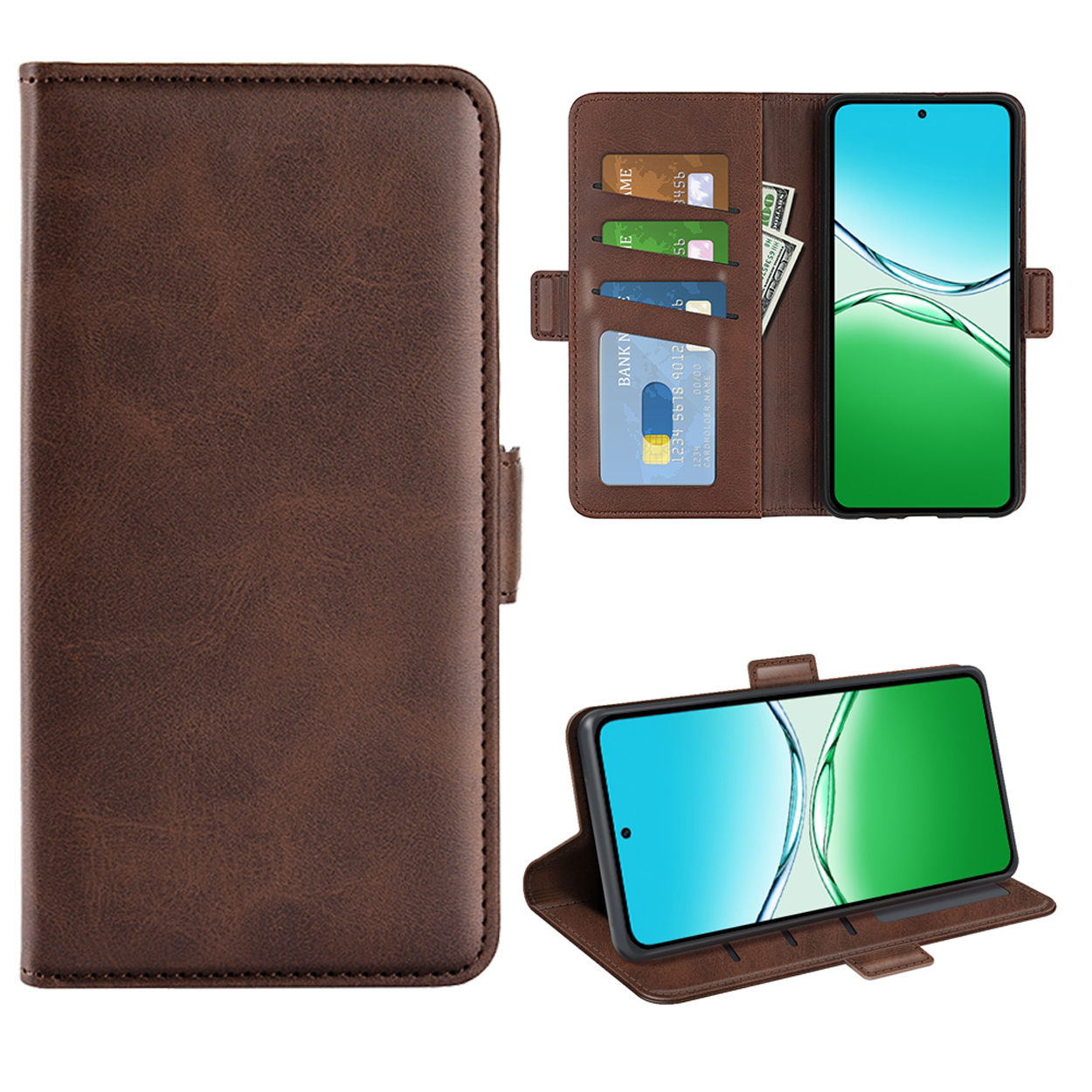 Étui de téléphone en cuir marron avec téléphone, cartes et argent. Écran de téléphone vert et blanc.