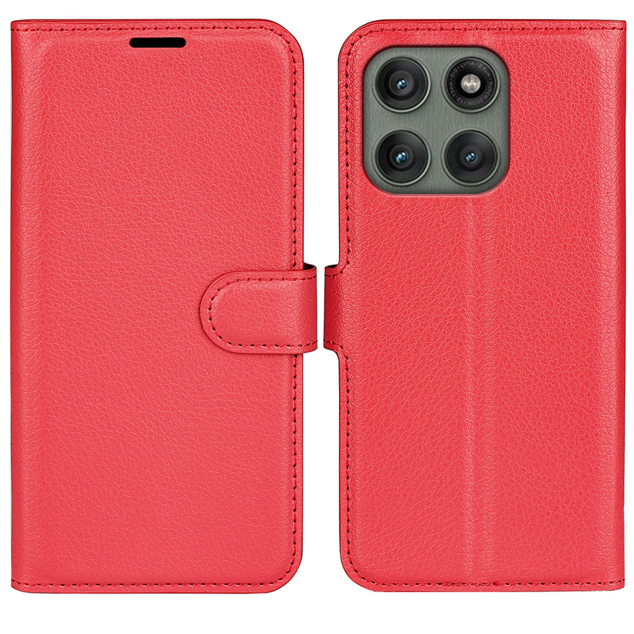 Étui rouge, fermé. Montre l'arrière, avec lentilles visibles.