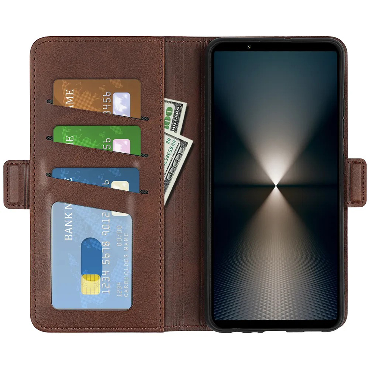 Bruine leren telefoonhoes, open, met kaarten en geld. Telefoon in de hoes.