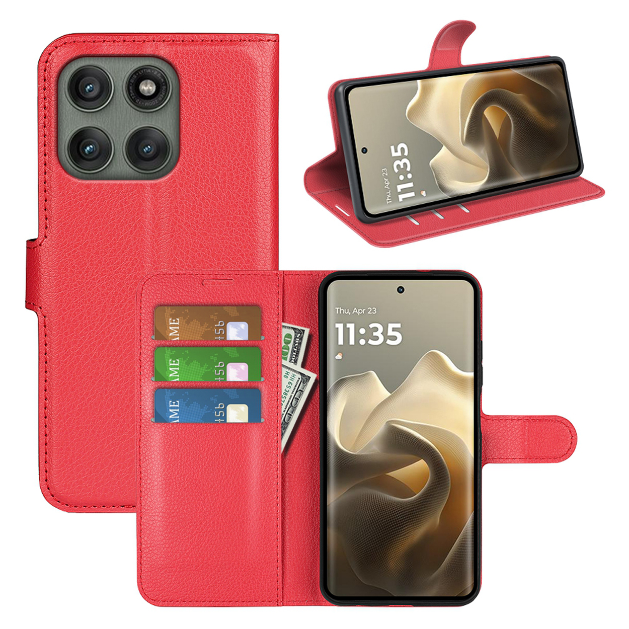 Étui en cuir rouge avec téléphone et cartes. Plusieurs vues.