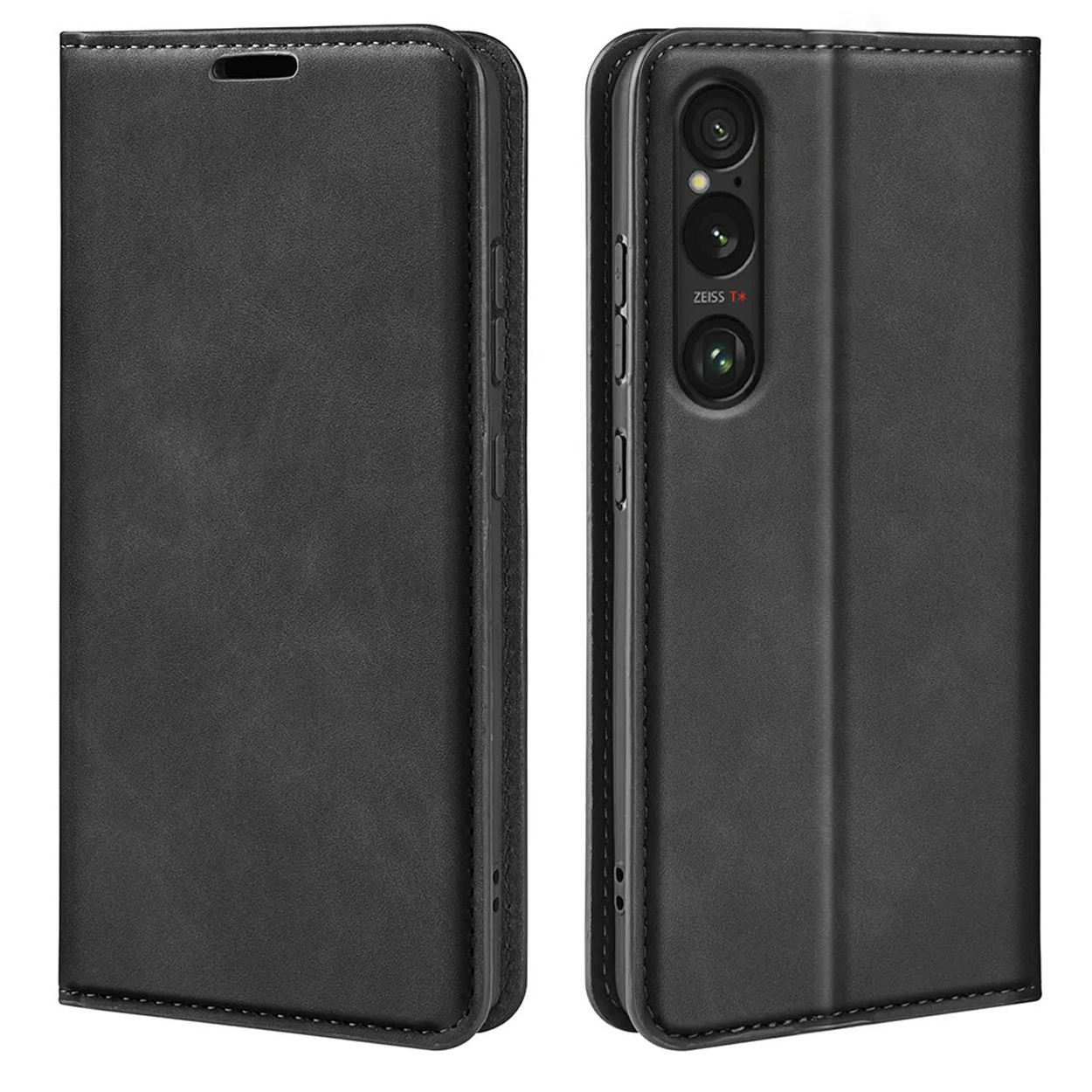 Zwarte leren telefoonhoes. De telefoon staat rechts. De linkerkant is gesloten.