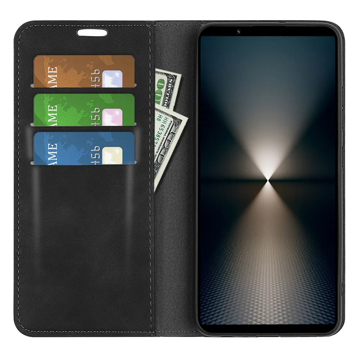 Zwarte telefoonhoes, open, met kaarten, geld en telefoon. Open telefoonhoes.