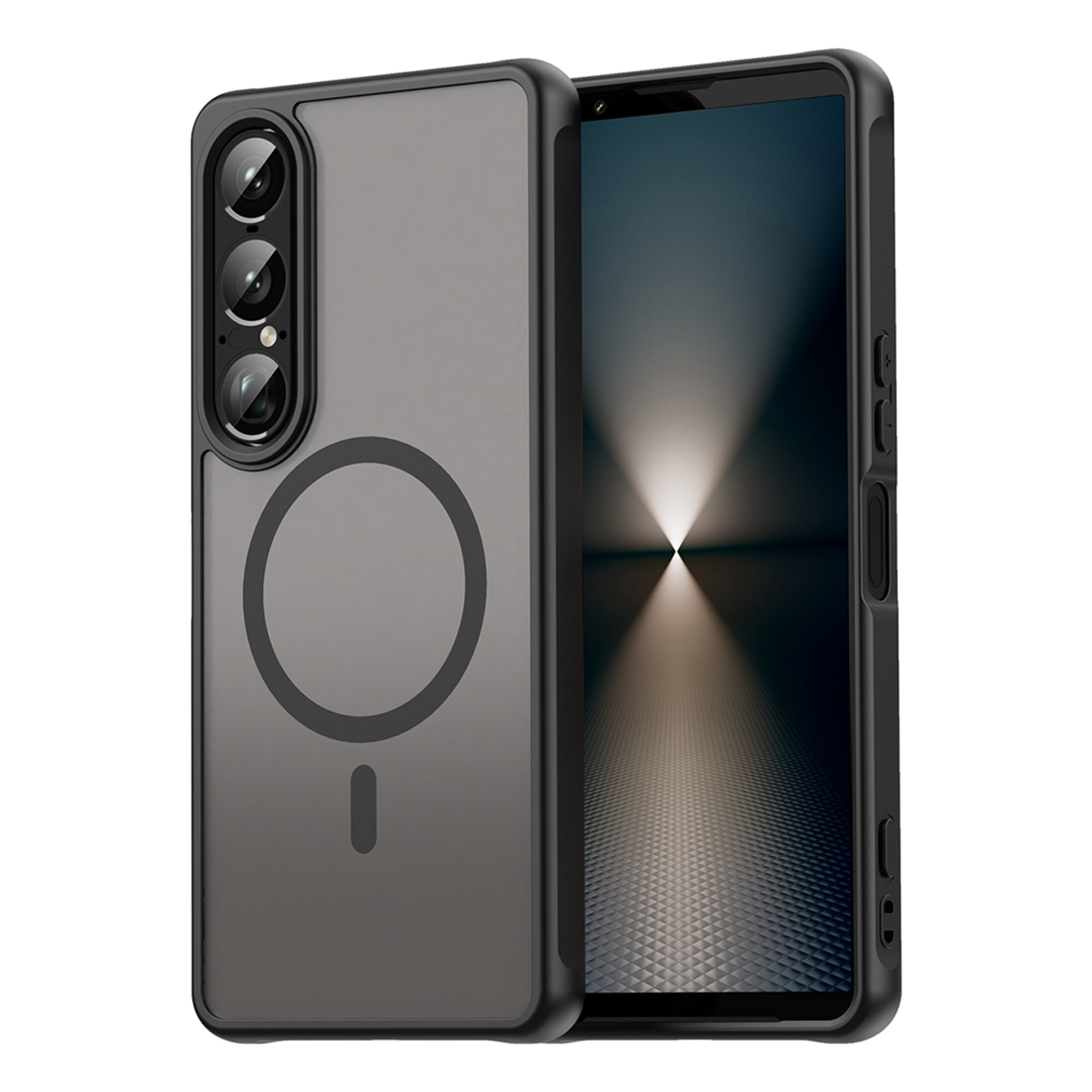 Zwarte telefoonhoes met een doorzichtige achterkant. Telefooncamera en magnetische ring zichtbaar.
