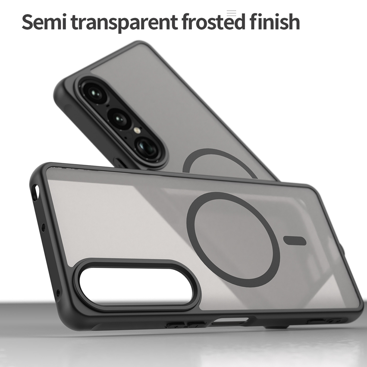 Twee zwarte telefoonhoesjes. De bovenste heeft een semi-transparante matte afwerking. Een magnetische ring is zichtbaar.