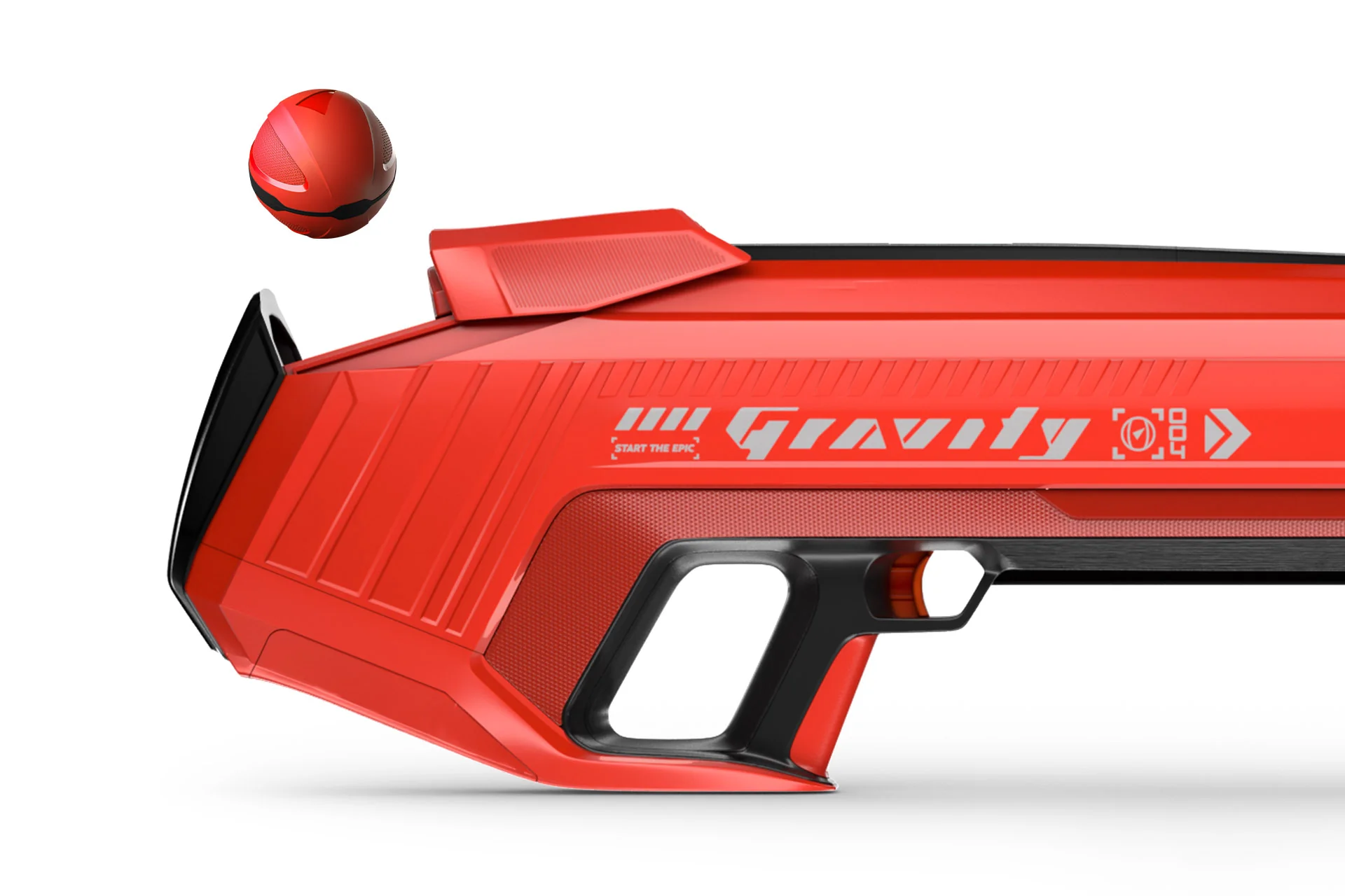 Rote Wasserpistole mit einem Ball davor. Die Pistole ist rot und schwarz.