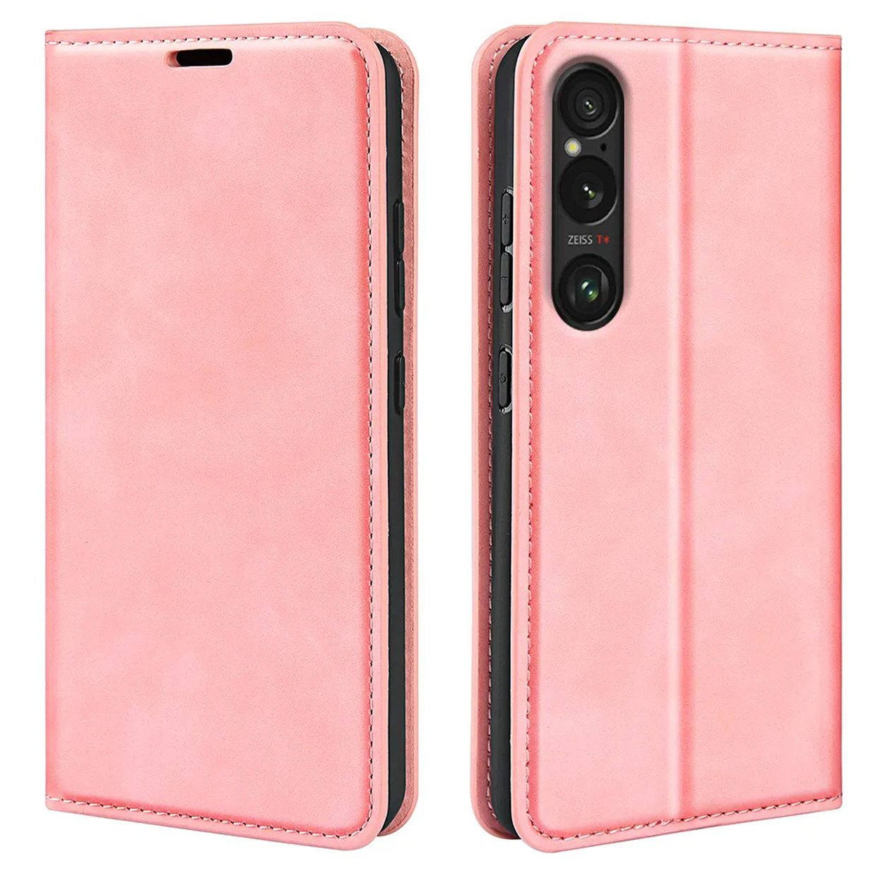 Roze telefoonhoes. De telefoon staat rechts. De linkerkant is roze.