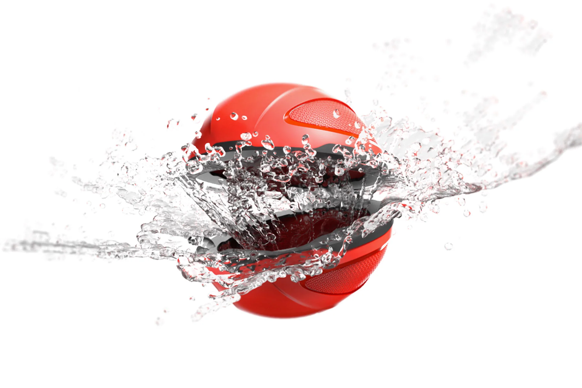Roter Ball im Wasser. Wasser spritzt um den Ball auf weißem Hintergrund.