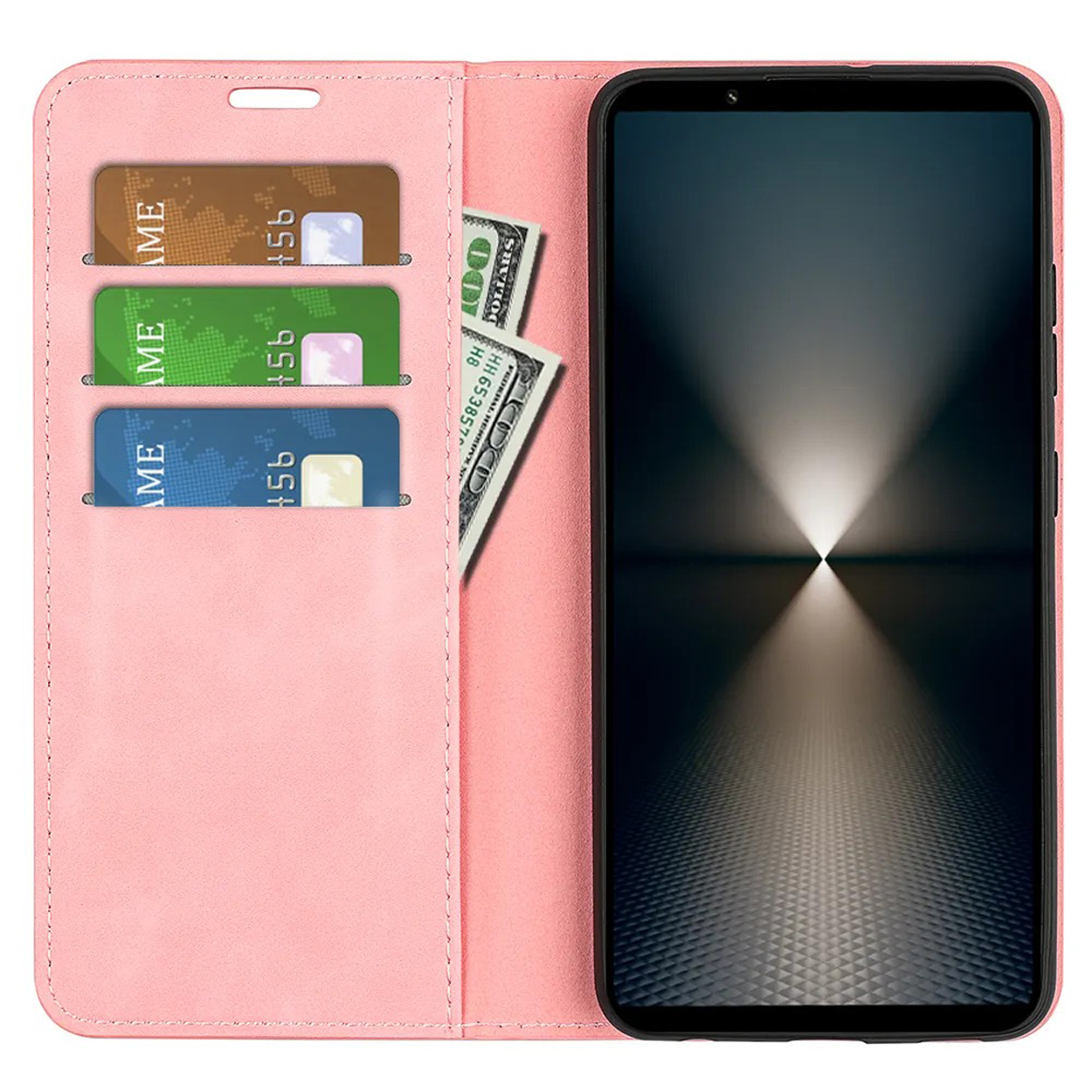 Roze telefoonhoes open met creditcards. De telefoon en kaarten zijn zichtbaar.
