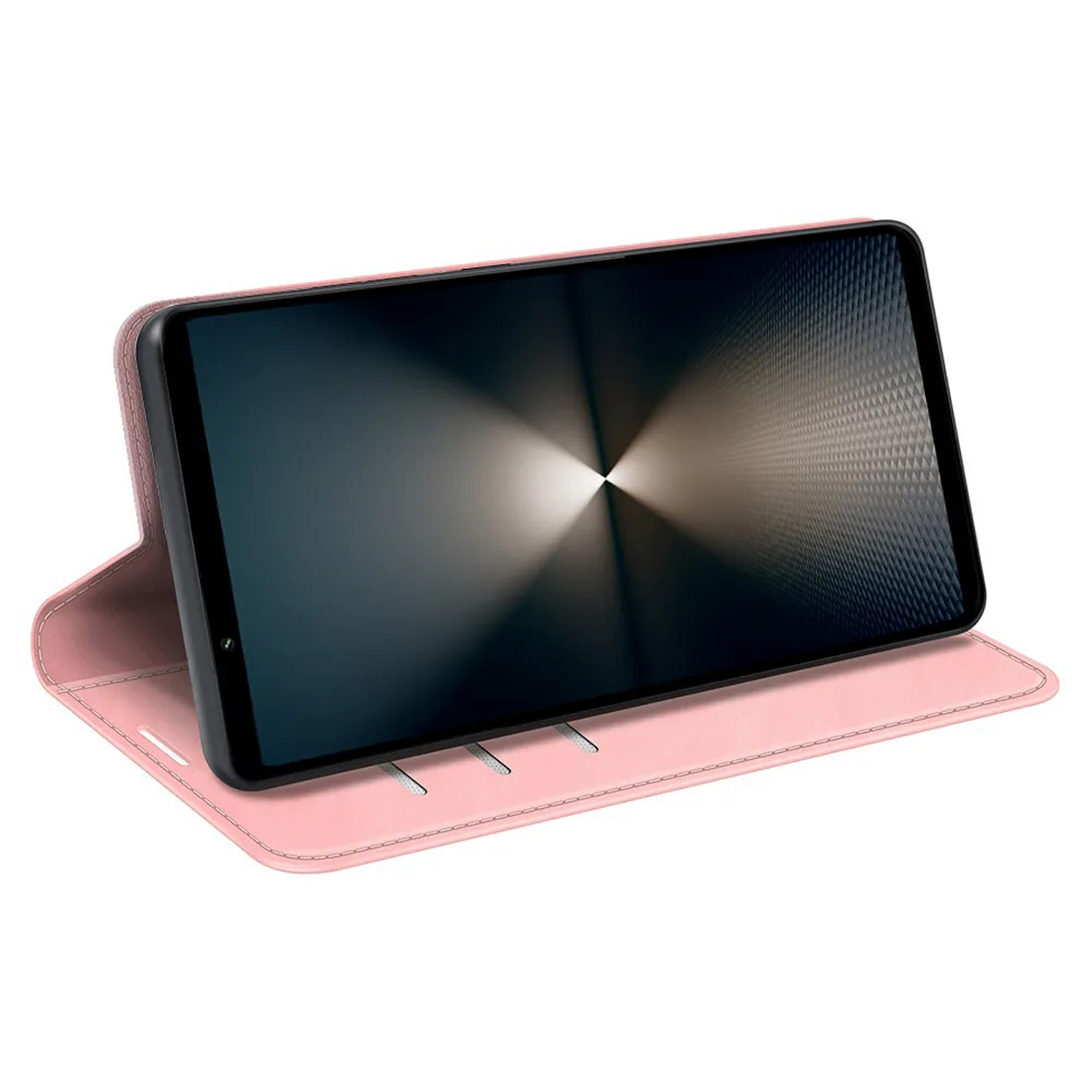Een roze telefoonhoes met een zwarte telefoon erin wordt weergegeven. De telefoon staat omhoog.