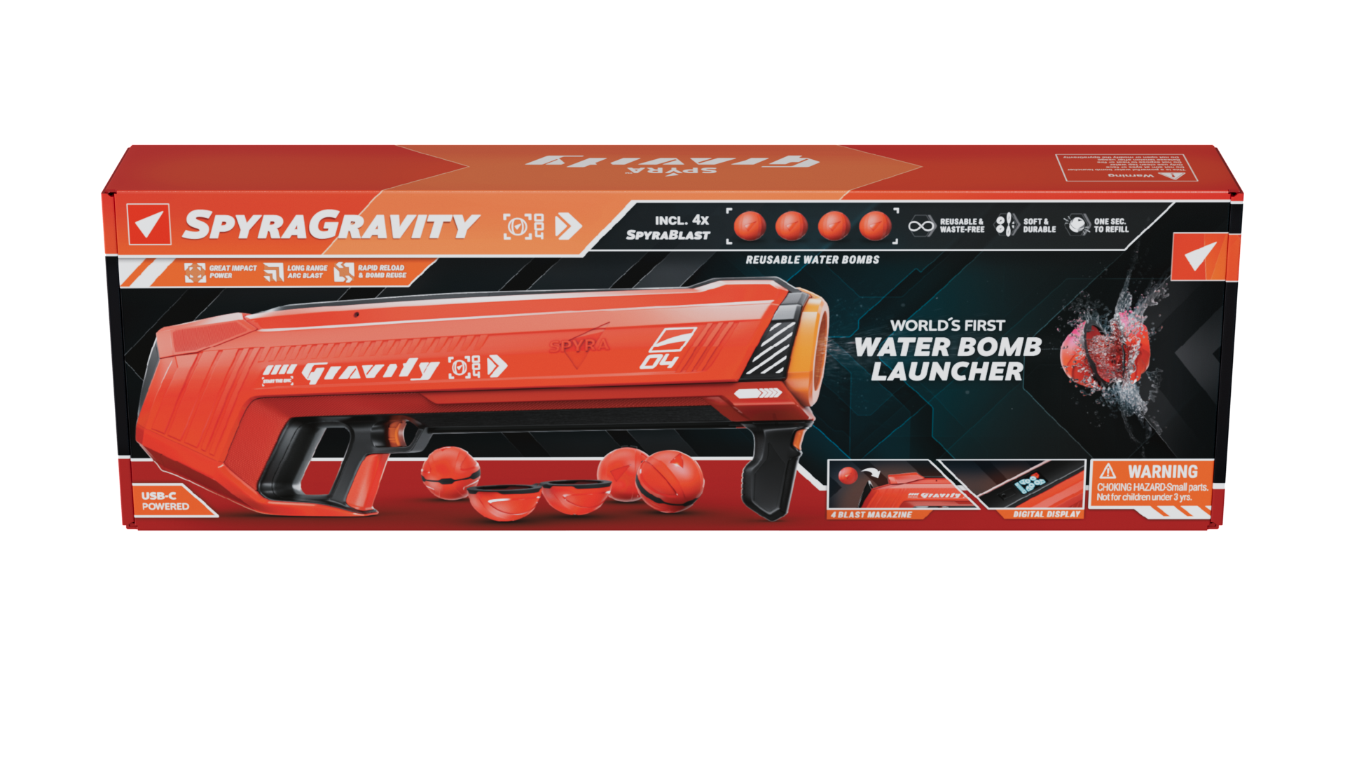 Eine Wasserpistolenbox wird gezeigt, die eine rote Wasserpistole, Wasserbomben und Spezifikationen vor schwarzem Hintergrund zeigt.