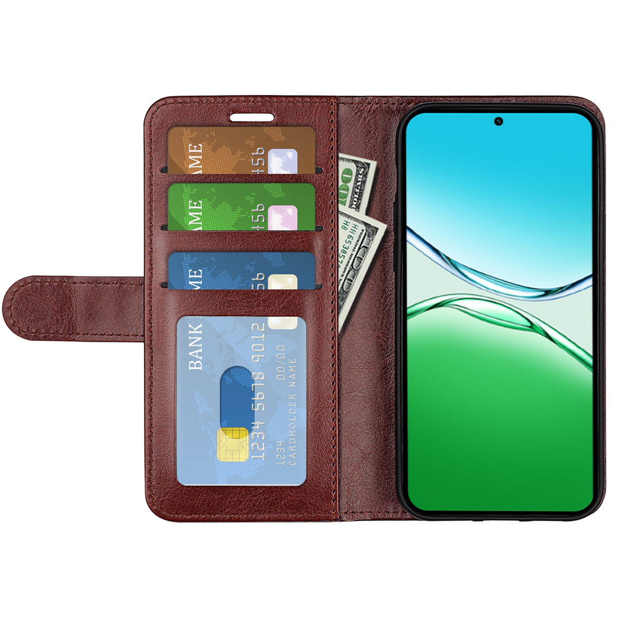 Een bruine leren telefoonhoes wordt open getoond, met kaarten, contant geld en een telefoon erin. Het telefoonscherm is zichtbaar.