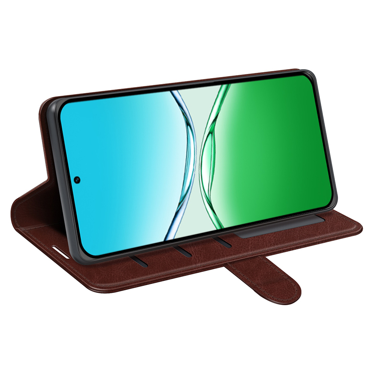 Bruine telefoonhoes is open en toont een telefoon met een blauw en groen scherm. Drie inkepingen zichtbaar.