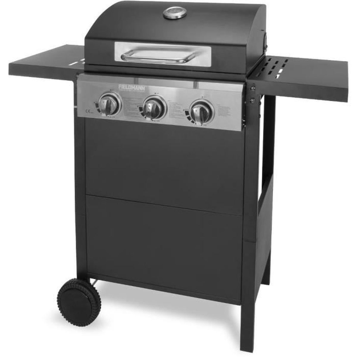 Schwarzer Gasgrill mit Seitenablagen und drei Drehknöpfen. Die Marke ist Fieldmann.