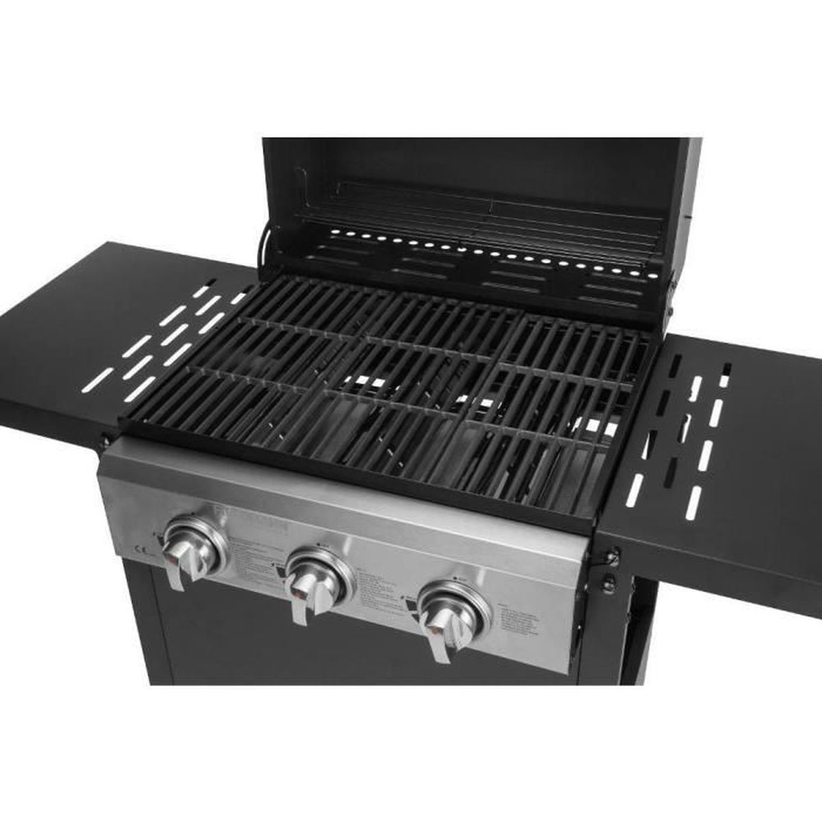 Der offene Grill mit drei Bedienknöpfen und einem Grillrost. Er hat zwei Seitenablagen.