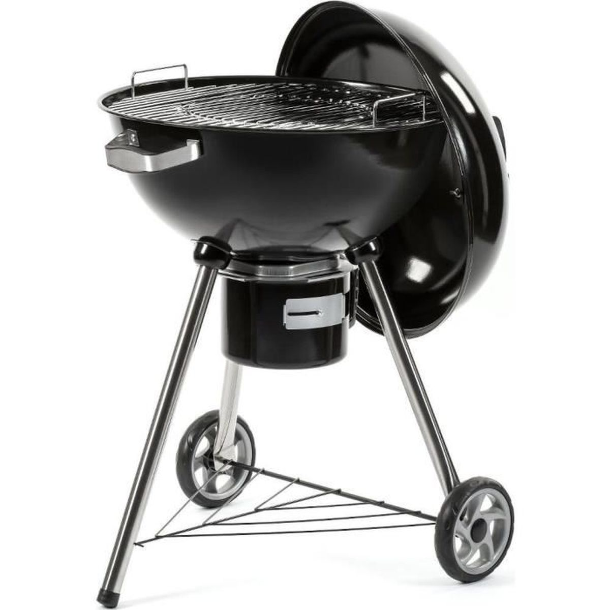 Black charcoal grill with the lid open. It has wheels and a small storage compartment.