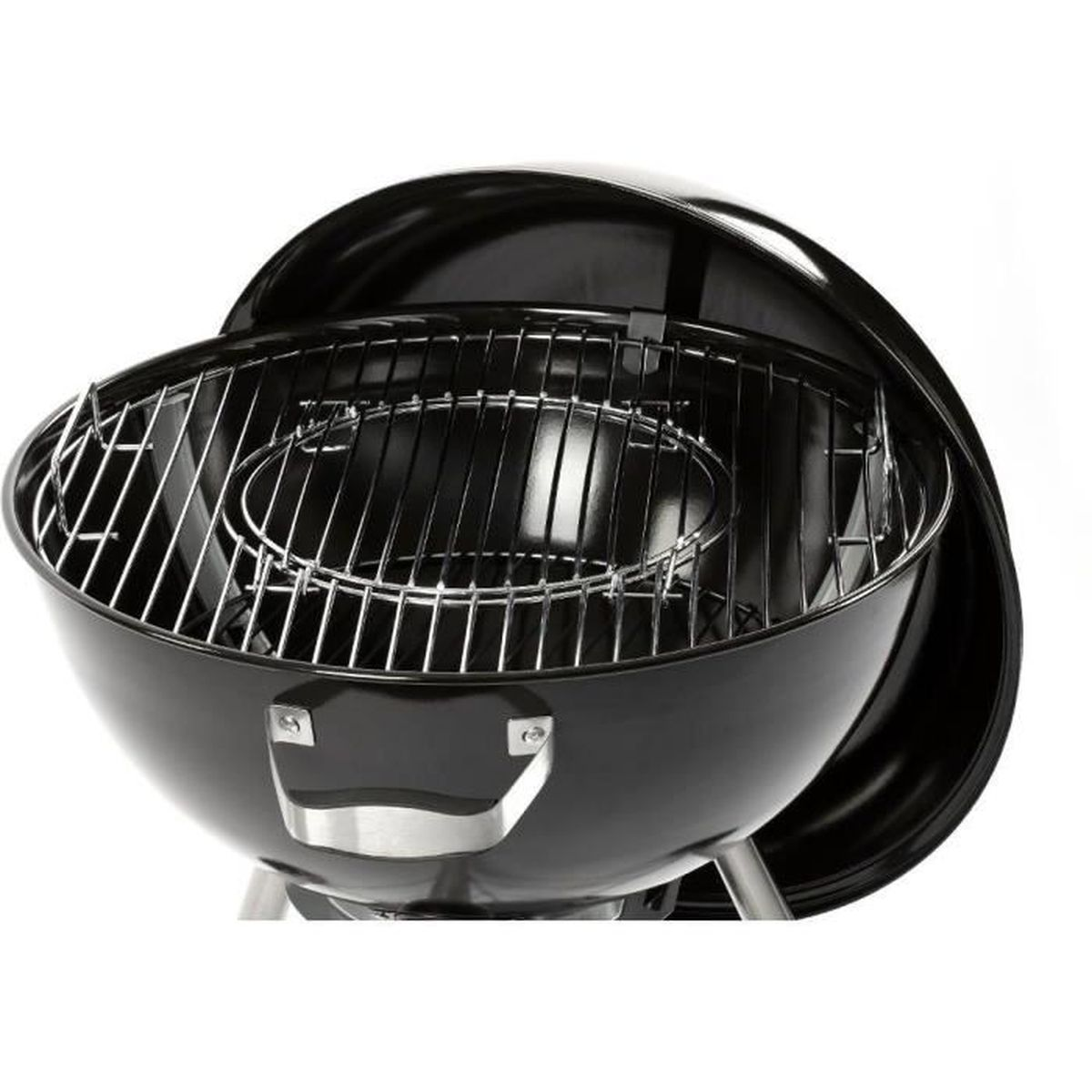 A black grill with a lid open. It is on a white background.