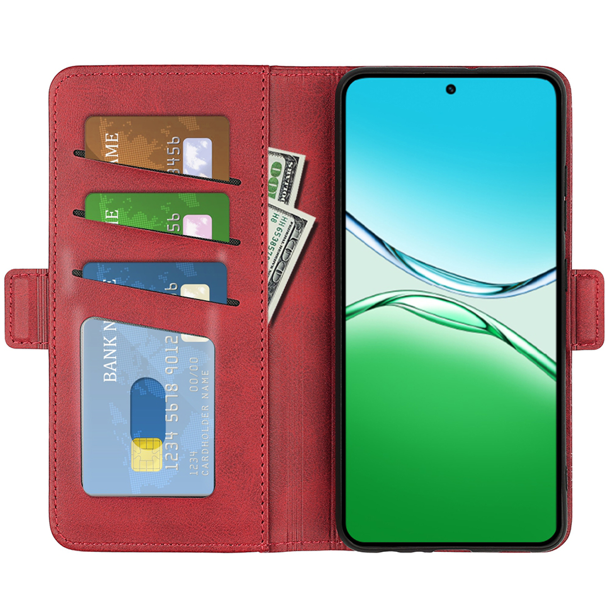 Een rood telefoonhoesje met kaarten en geld erin. Een telefoon met een blauw en groen scherm.