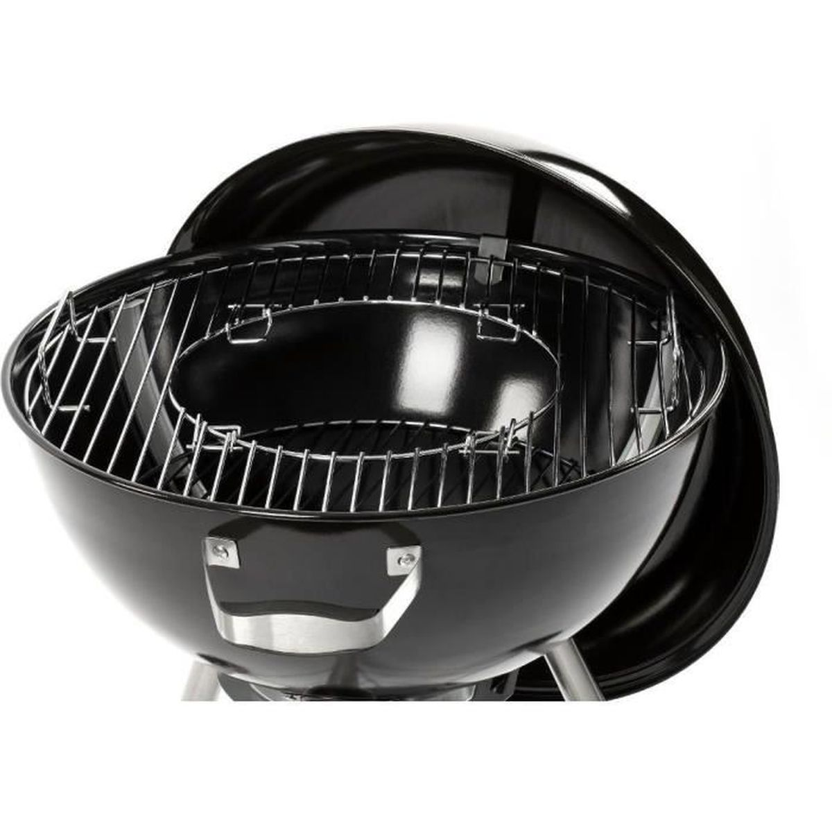 Black charcoal grill with the lid open. The grill grate is visible.