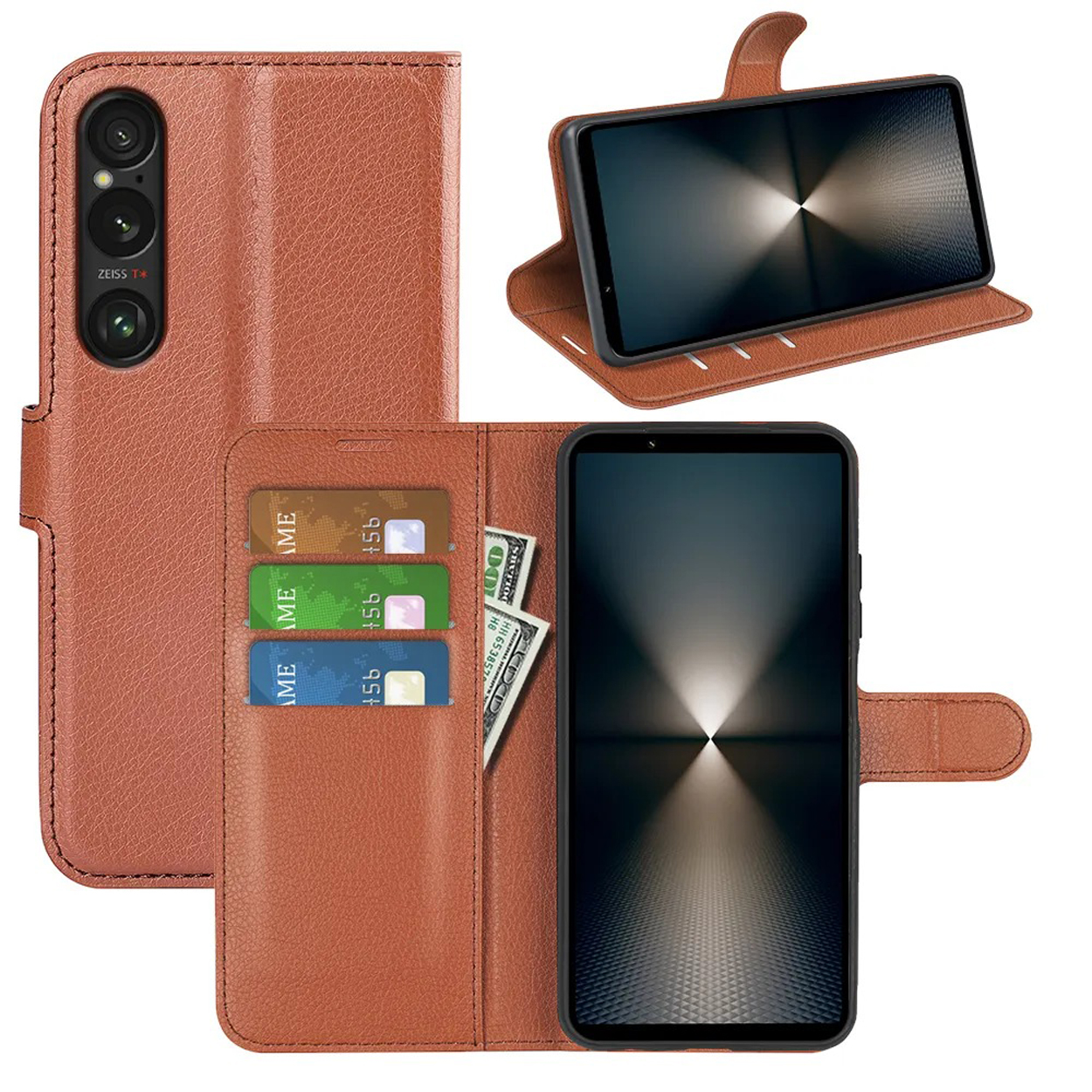 Étui de téléphone marron avec un téléphone à l'intérieur. Il a des fentes et une poche.