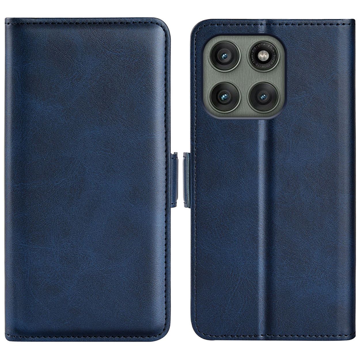 Étui de téléphone bleu avec un téléphone à l'intérieur, fermé. Objectifs de caméra noirs visibles.