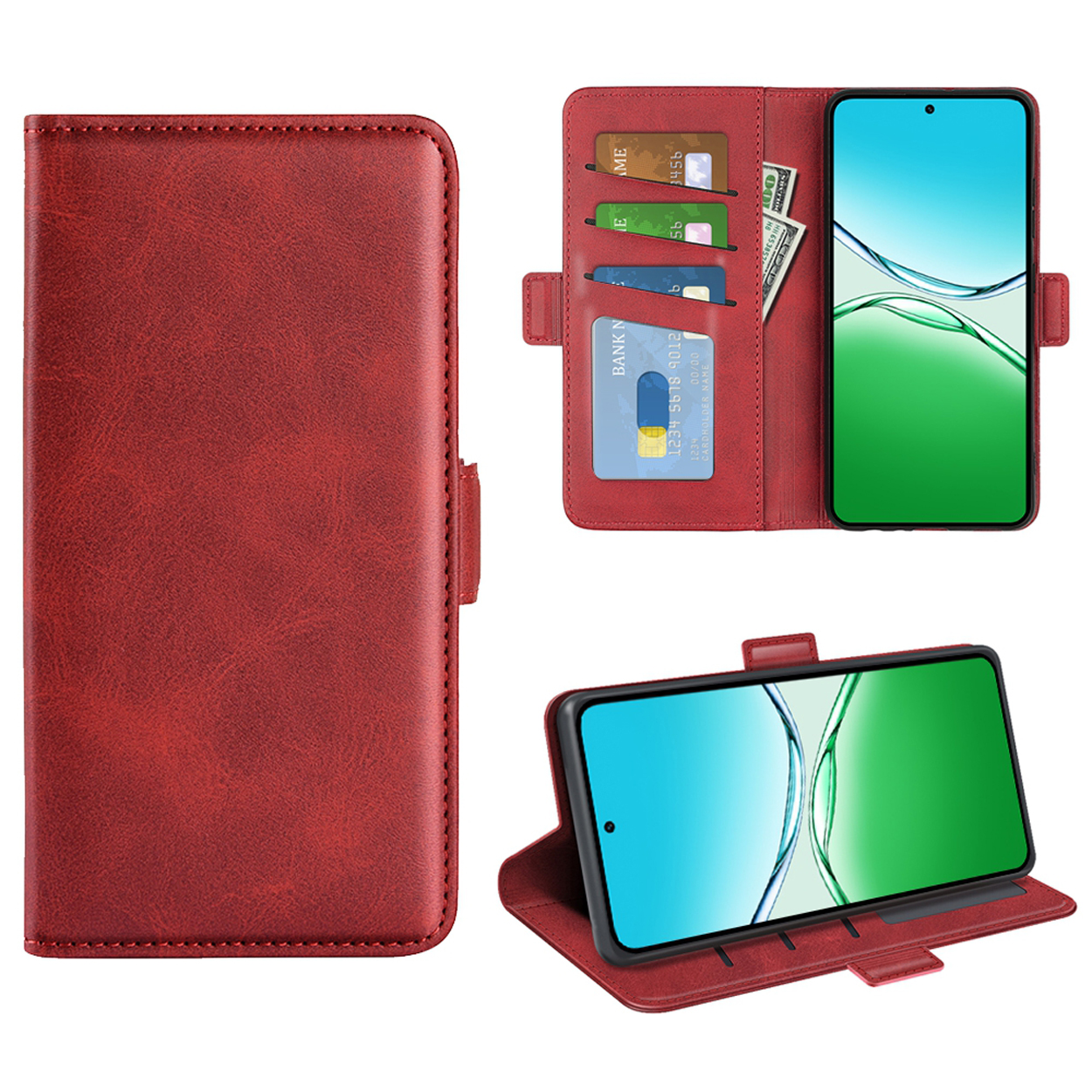 Rode telefoonhoes met sleuven voor kaarten en geld, en een telefoon erin.
