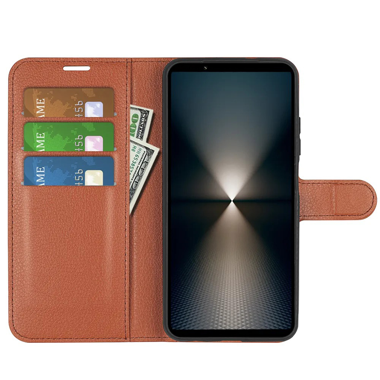 Étui de téléphone marron avec fentes pour cartes et argent, et un téléphone à l'intérieur.