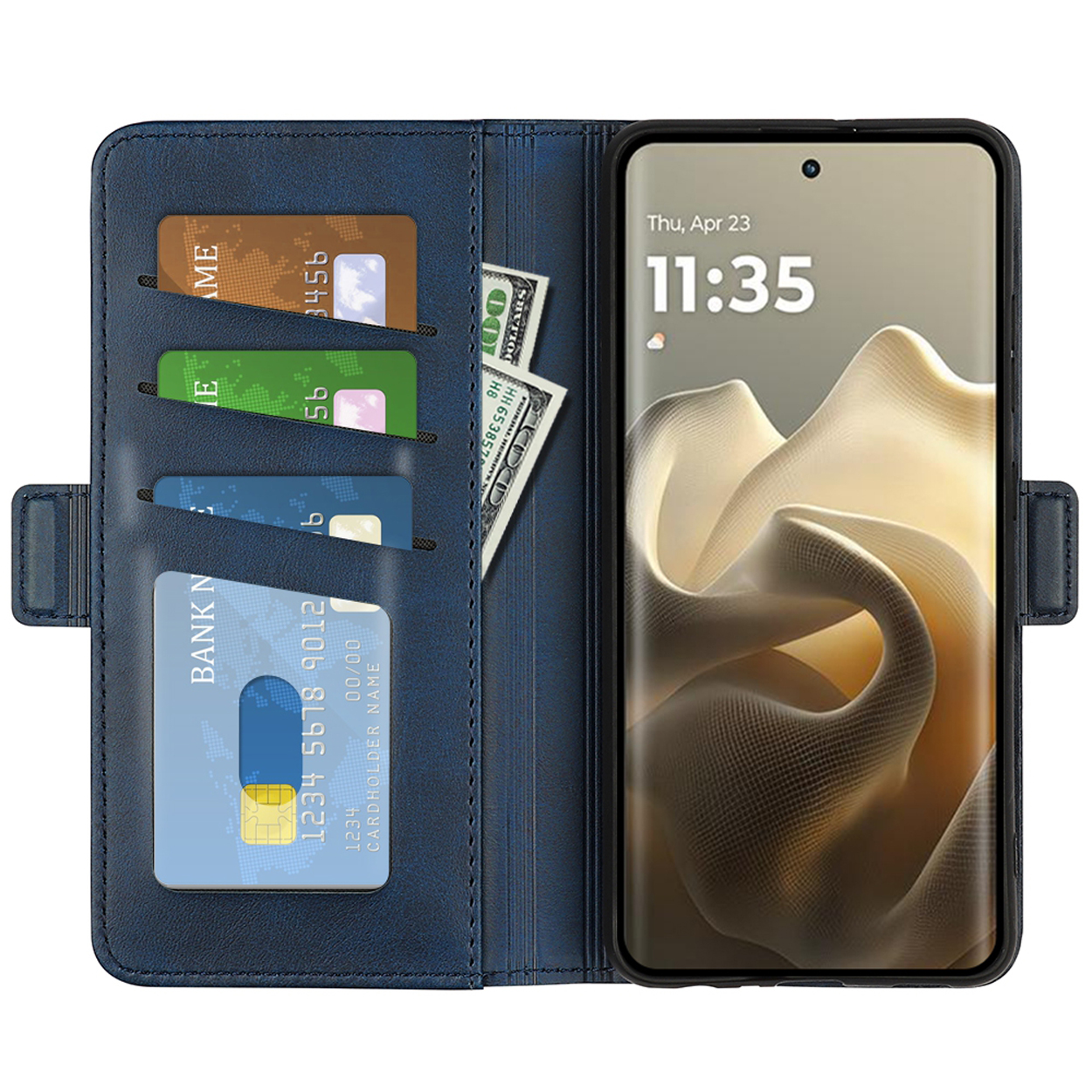 Étui de téléphone bleu ouvert, montrant un téléphone, des fentes et une poche à argent.