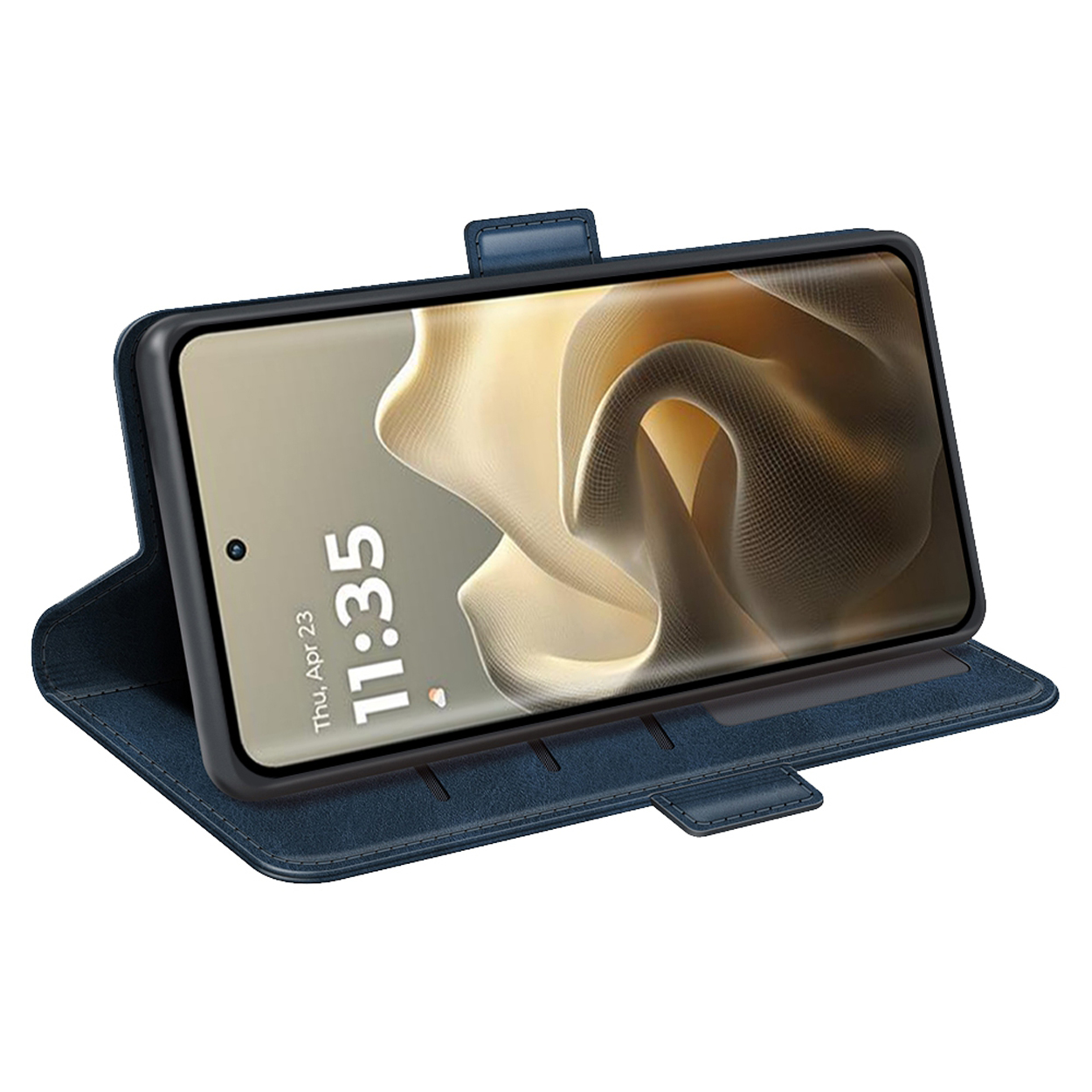 Étui de téléphone bleu avec un téléphone affichant l'heure. L'étui est ouvert.