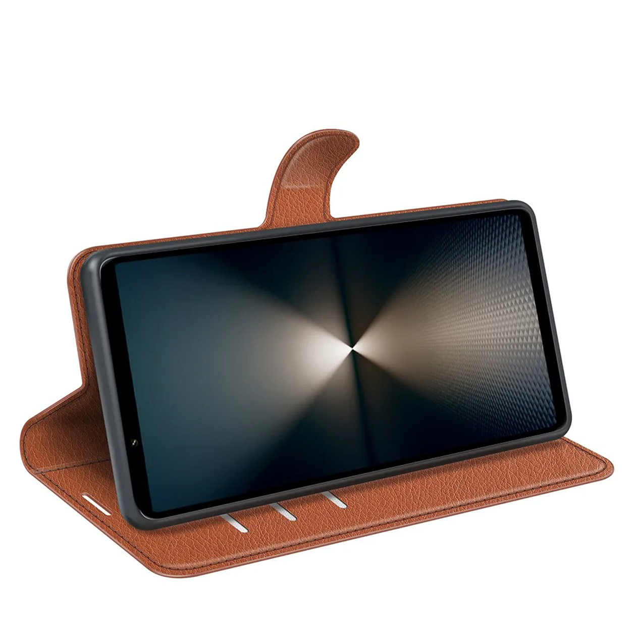 Étui de téléphone marron avec un téléphone à l'intérieur, ouvert. Couleur marron clair.