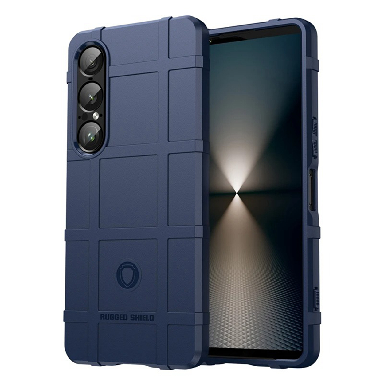 Blauwe telefoonhoes met telefoon. De hoes heeft een robuust ontwerp en drie camera's.