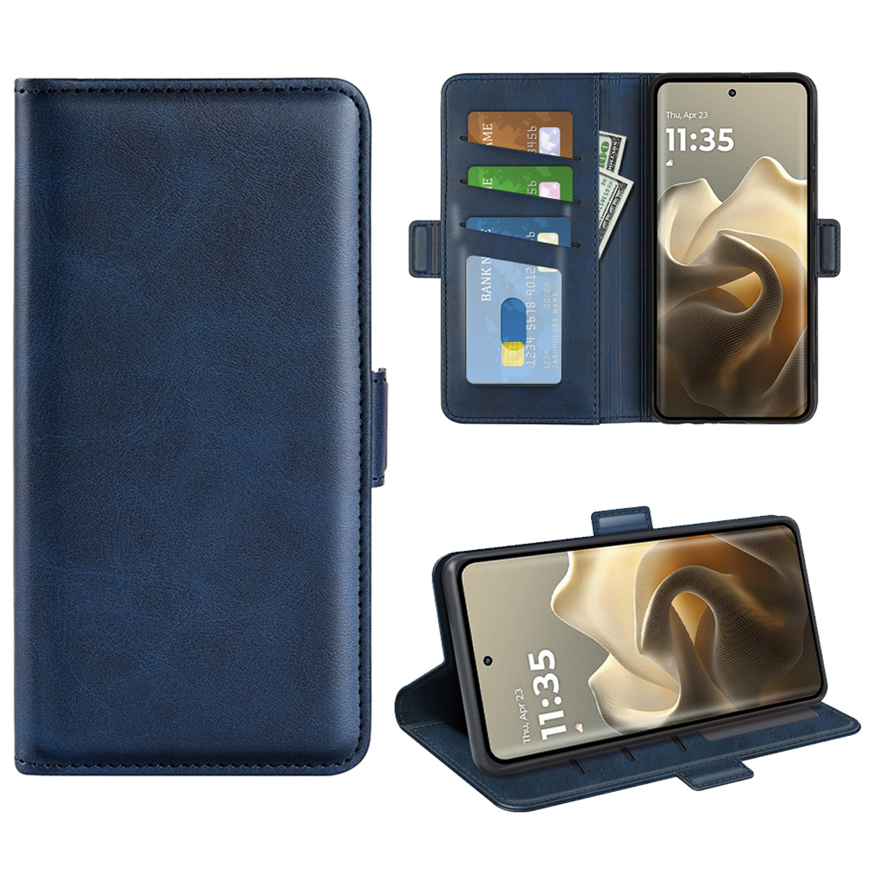 Étui de téléphone bleu avec fentes pour cartes et argent, et un téléphone à l'intérieur.